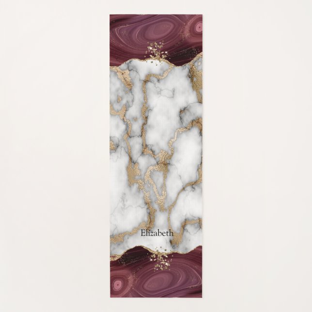 Gold Glitter Shiny White Marble Burgundy Yoga Mat (Front)