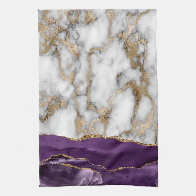 Gold Glitter Shiny White Marble Violet Tea Towel (Vertical)