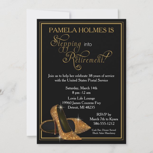 Gold Glitter Shoes Retirement Party Invitation (Front)
