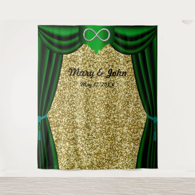 Gold Glitter Silver Infinity Green Curtain Tapestry (Front)