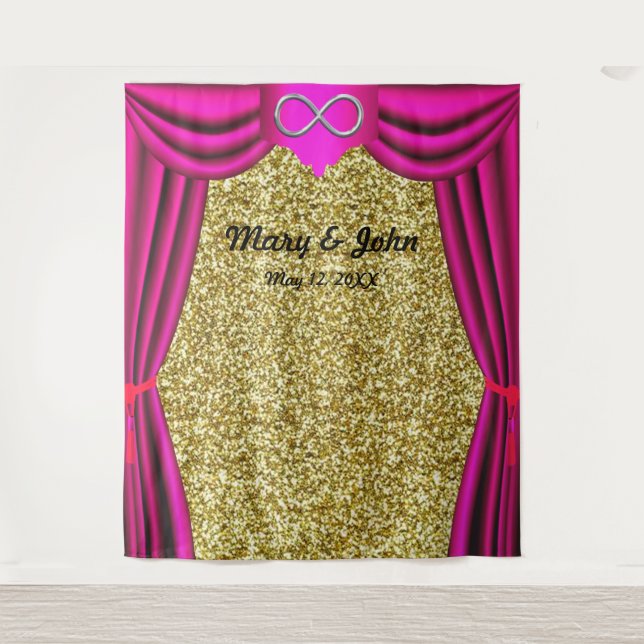 Gold Glitter Silver Infinity Pink Curtain Backdrop Tapestry (Front)