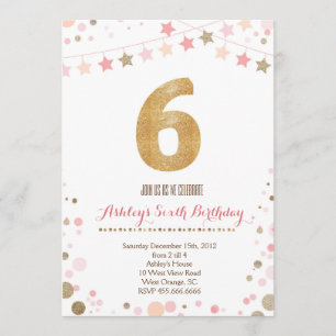 Gold Glitter Sixth Birthday Invitation
