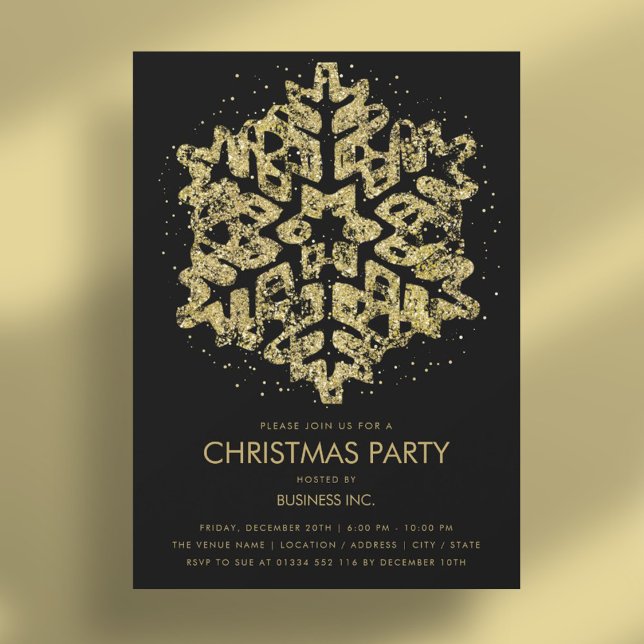 Gold Glitter Snowflake Christmas Party Black Invitation (Gold Glitter Snowflake Christmas Party Black Invitation)