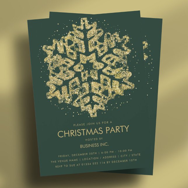 Gold Glitter Snowflake Christmas Party Green Invitation (Gold Glitter Snowflake Christmas Party Green Invitation)