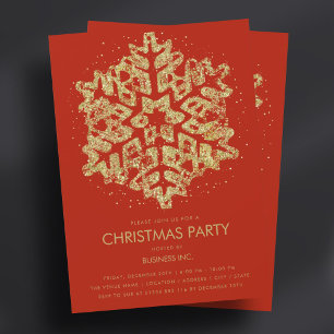 Gold Glitter Snowflake Christmas Party Red Invitation