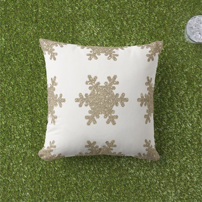 Gold Glitter Snowflake Pattern White Christmas Cushion (Grass)