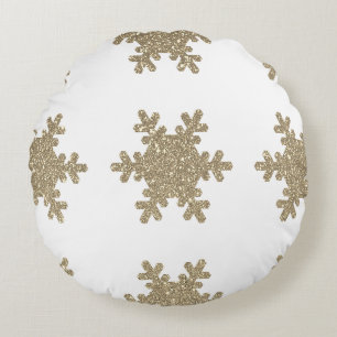 Gold Glitter Snowflake Pattern White Christmas Round Cushion