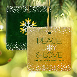 Gold Glitter Snowflake Peace Joy Love Custom Name Ceramic Ornament<br><div class="desc">“Peace, joy & love.” This ornament, with a fun, playful, white and dark green snowflake illustration and modern typography on a gold faux glitter background helps you usher in the holiday season. White confetti dots frame complete the look. On the back is a giant gold foil and white snowflake on...</div>