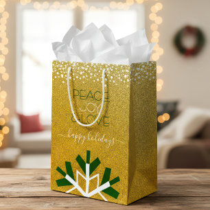 Gold Glitter Snowflake Peace Joy Love Typography Medium Gift Bag