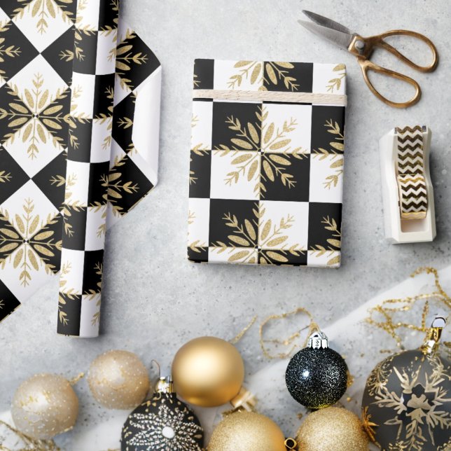 Gold Glitter Snowflakes Black and White Chequered Wrapping Paper (Creator Uploaded)
