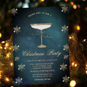 Gold Glitter Snowflakes Champagne Glass Christmas  Invitation