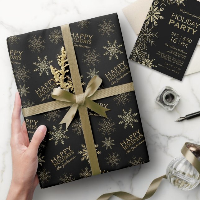 Gold Glitter Snowflakes Happy Holidays Name Black Wrapping Paper (Creator Uploaded)