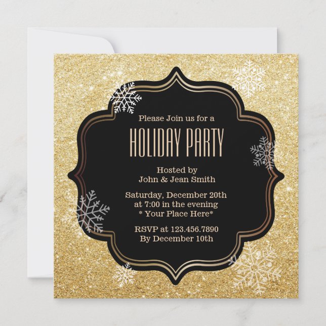 Gold Glitter Snowflakes Holiday Party Invitations (Front)