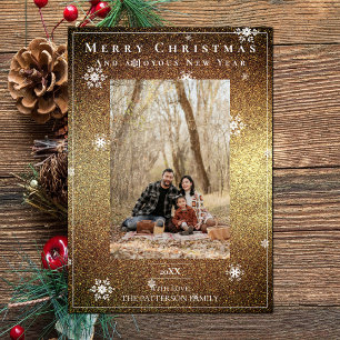 Gold Glitter Snowflakes Holiday Photo Card