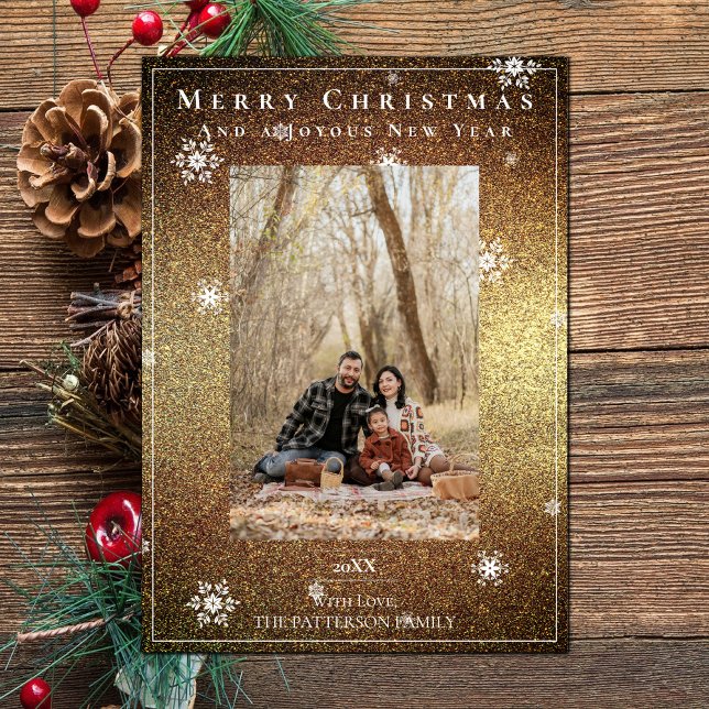 Gold Glitter Snowflakes Holiday Photo Card (Gold Glitter Snowflakes Holiday Photo Card)