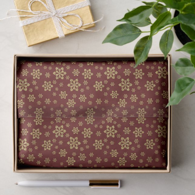Gold Glitter Snowflakes on Dark Maroon Red Tissue Paper (Gift)