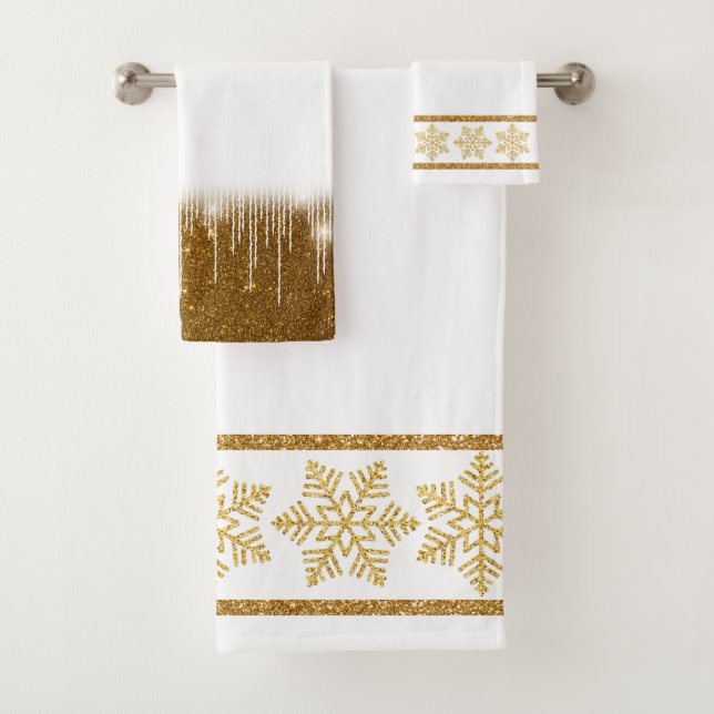 Gold Glitter Snowflakes on White Bath Towel Set (Insitu)