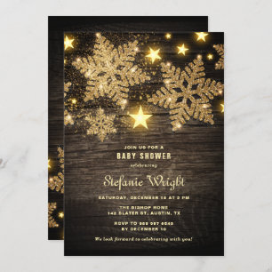 Gold Glitter Snowflakes Rustic Baby Shower Invitation