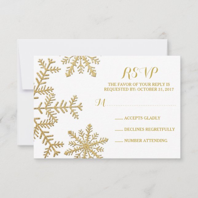 Gold Glitter Snowflakes Winter Wedding RSVP Card (Front)