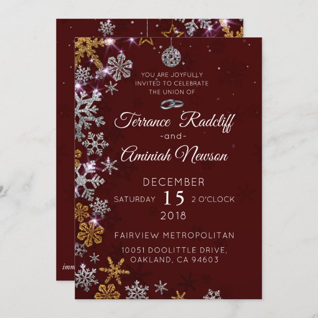 Gold Glitter Snowflakes with Holiday Ornaments Invitation (Front/Back)