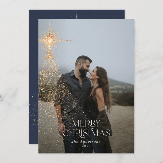 Gold glitter sparkle blue modern Christmas Holiday (Front/Back)