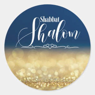 Gold Glitter Sparkle Blue, Shabbat Shalom Glam Classic Round Sticker