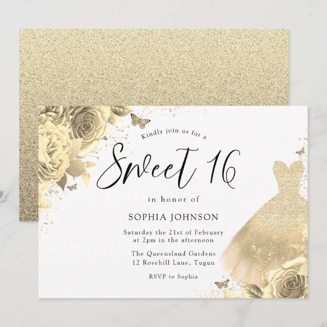 Gold Glitter Sparkle Dress Floral Sweet 16 Party Invitation (Front/Back)