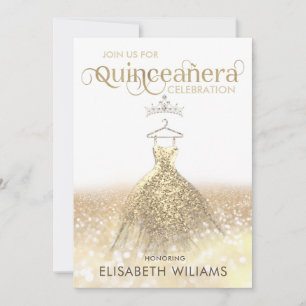 Gold glitter sparkle dress ombre tiara Quinceañera Invitation