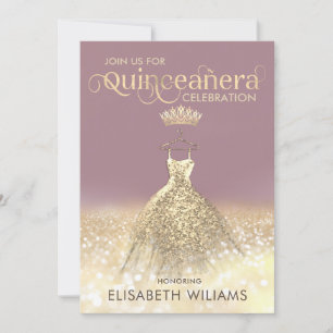 Gold glitter sparkle dress ombre tiara Quinceañera Invitation