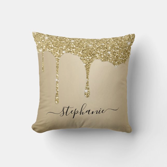Gold Glitter Sparkle Drips Script Custom Name Cushion (Front)