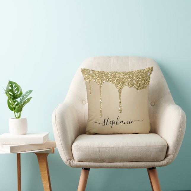 Gold Glitter Sparkle Drips Script Custom Name Cushion (Chair)