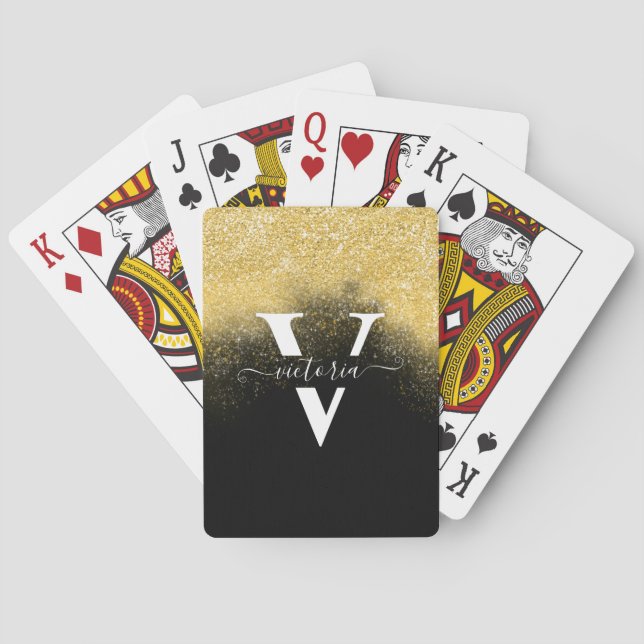 Gold Glitter Sparkle Elegant Monogram Black Custom Playing Cards (Back)