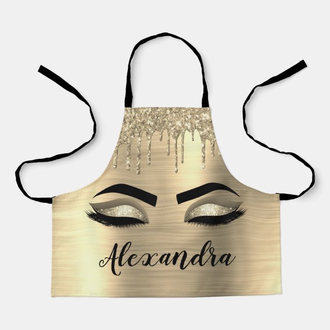 Gold Glitter Sparkle Eyelashes Monogram Name Apron (Front)