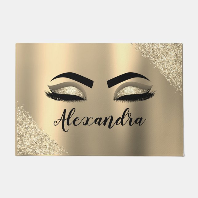 Gold Glitter Sparkle Eyelashes Monogram Name Doormat (Front)