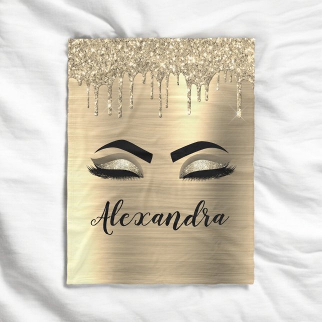 Gold Glitter Sparkle Eyelashes Monogram Name Fleece Blanket (Creator Uploaded)