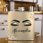 Gold Glitter Sparkle Eyelashes Monogram Name Hip Flask<br><div class="desc">Gold Faux Foil Metallic Sparkle Glitter Brushed Metal Monogram Name and Initial Eyelashes (Lashes),  Eyelash Extensions and Eyes Makeup Flask. This makes the perfect sweet 16 birthday,  wedding,  bridal shower,  anniversary,  baby shower or bachelorette party gift for someone decorating her room in trendy cool style.</div>