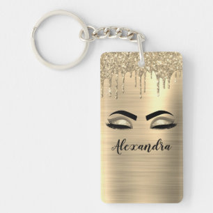 Gold Glitter Sparkle Eyelashes Monogram Name Key Ring