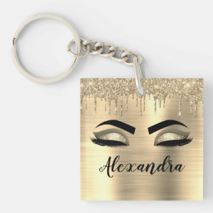 Gold Glitter Sparkle Eyelashes Monogram Name Key Ring
