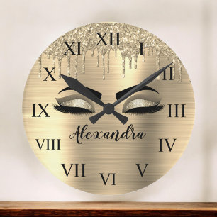 Gold Glitter Sparkle Eyelashes Monogram Name Large Clock