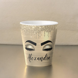 Gold Glitter Sparkle Eyelashes Monogram Name Latte Mug