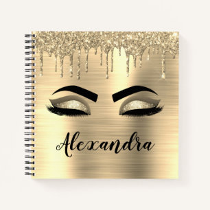 Gold Glitter Sparkle Eyelashes Monogram Name Notebook