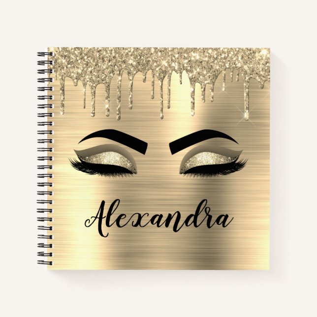 Gold Glitter Sparkle Eyelashes Monogram Name Notebook (Front)
