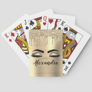 Gold Glitter Sparkle Eyelashes Monogram Name Playing Cards