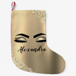 Gold Glitter Sparkle Eyelashes Monogram Name Small Christmas Stocking