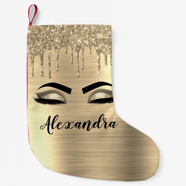 Gold Glitter Sparkle Eyelashes Monogram Name Small Christmas Stocking (Front)
