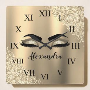 Gold Glitter Sparkle Eyelashes Monogram Name Square Wall Clock