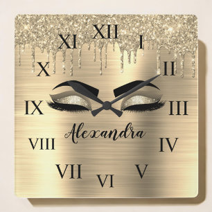 Gold Glitter Sparkle Eyelashes Monogram Name Square Wall Clock