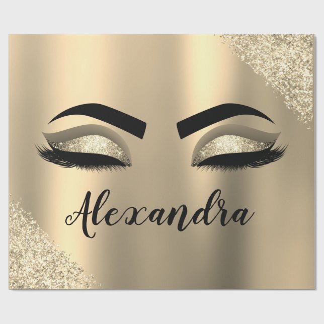 Gold Glitter Sparkle Eyelashes Monogram Name Wrapping Paper (Flat)