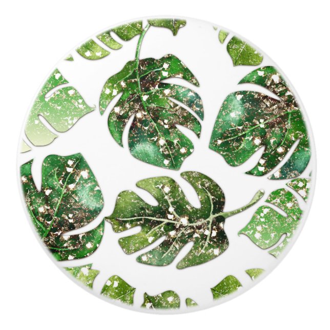 Gold Glitter Sparkle Glam Tropical Leaves Chic Ceramic Knob (Front)