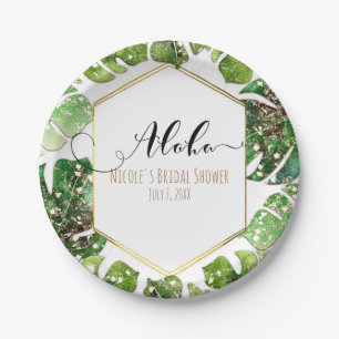 Gold Glitter Sparkle Glam Tropical Leaves Wedding Paper Plate